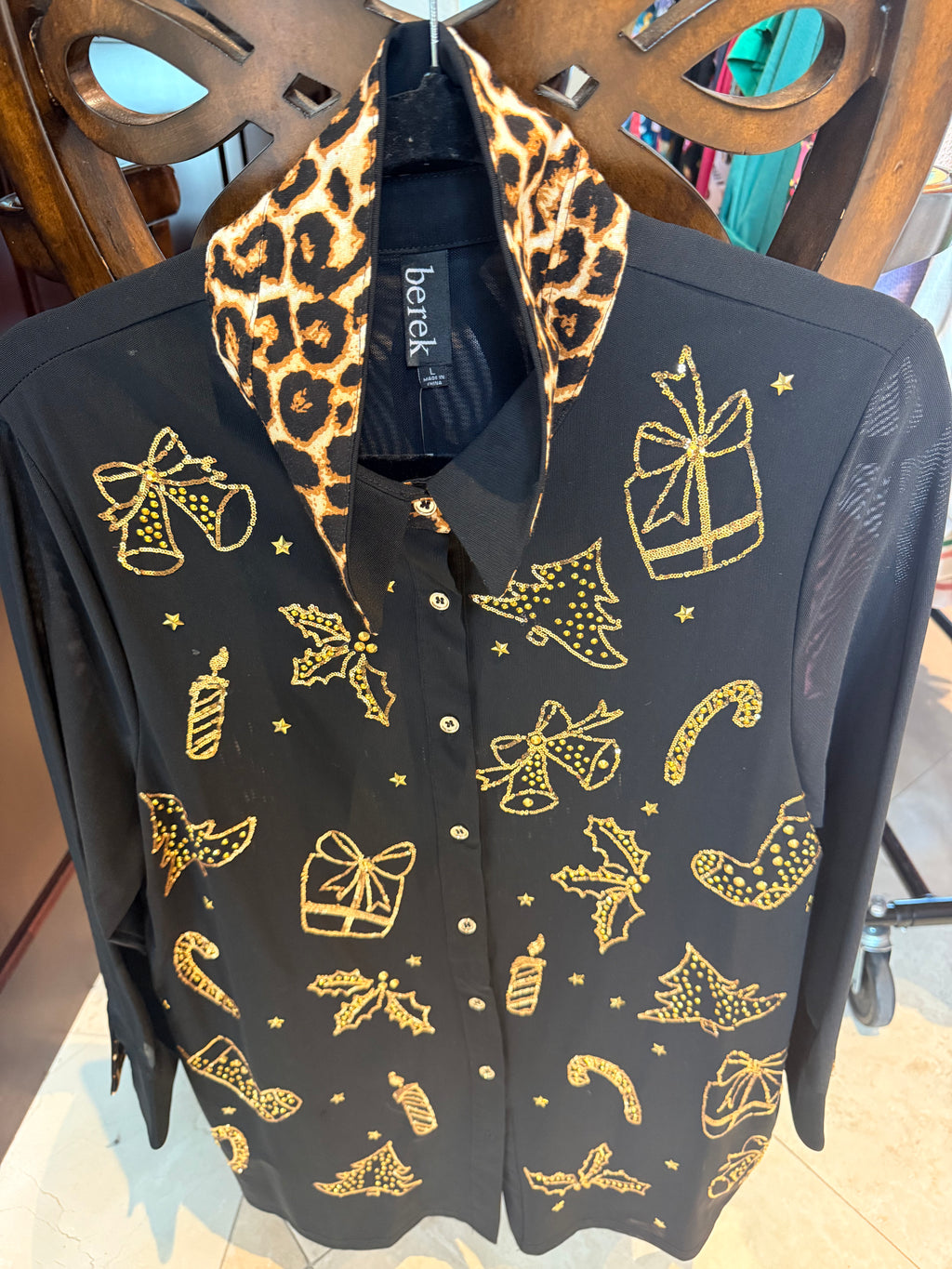 Berek Black Mesh Gold Presents Button Up Top