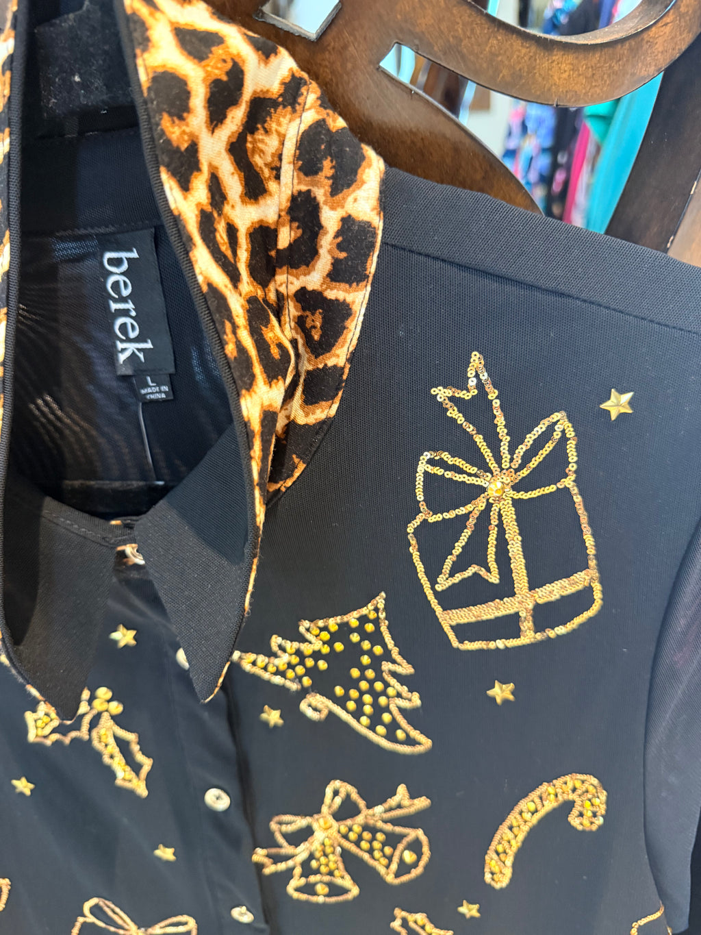 Berek Black Mesh Gold Presents Button Up Top