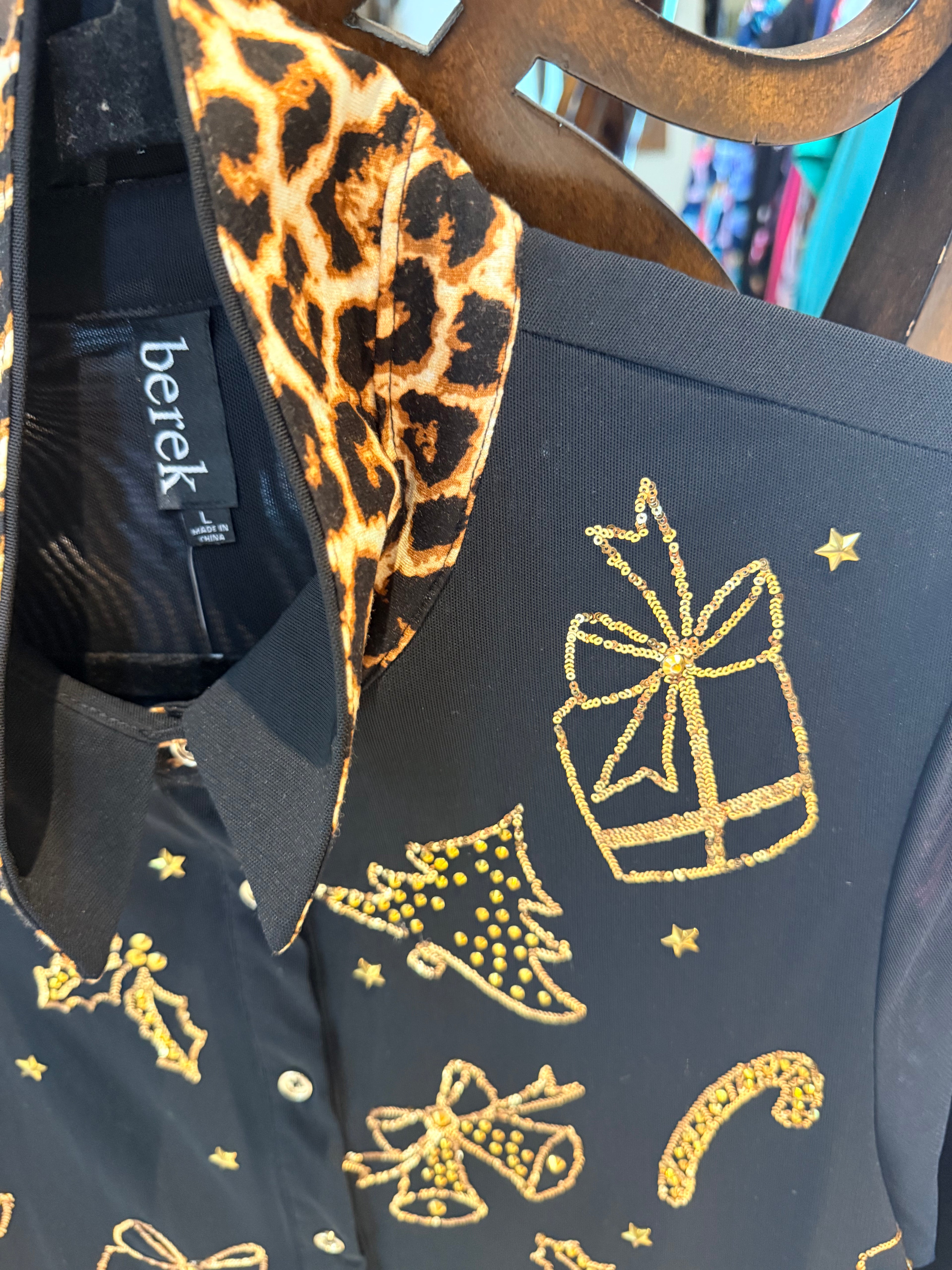 Berek Black Mesh Gold Presents Button Up Top