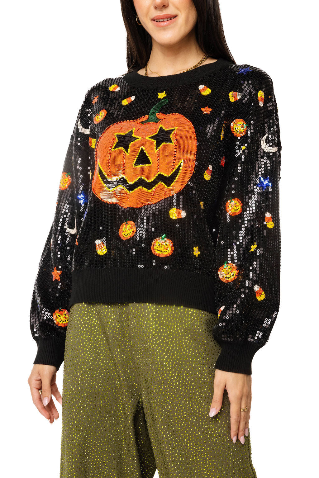 Queen Of Sparkles Black Full Sequin Pumpkin & Mini Icon Sweater
