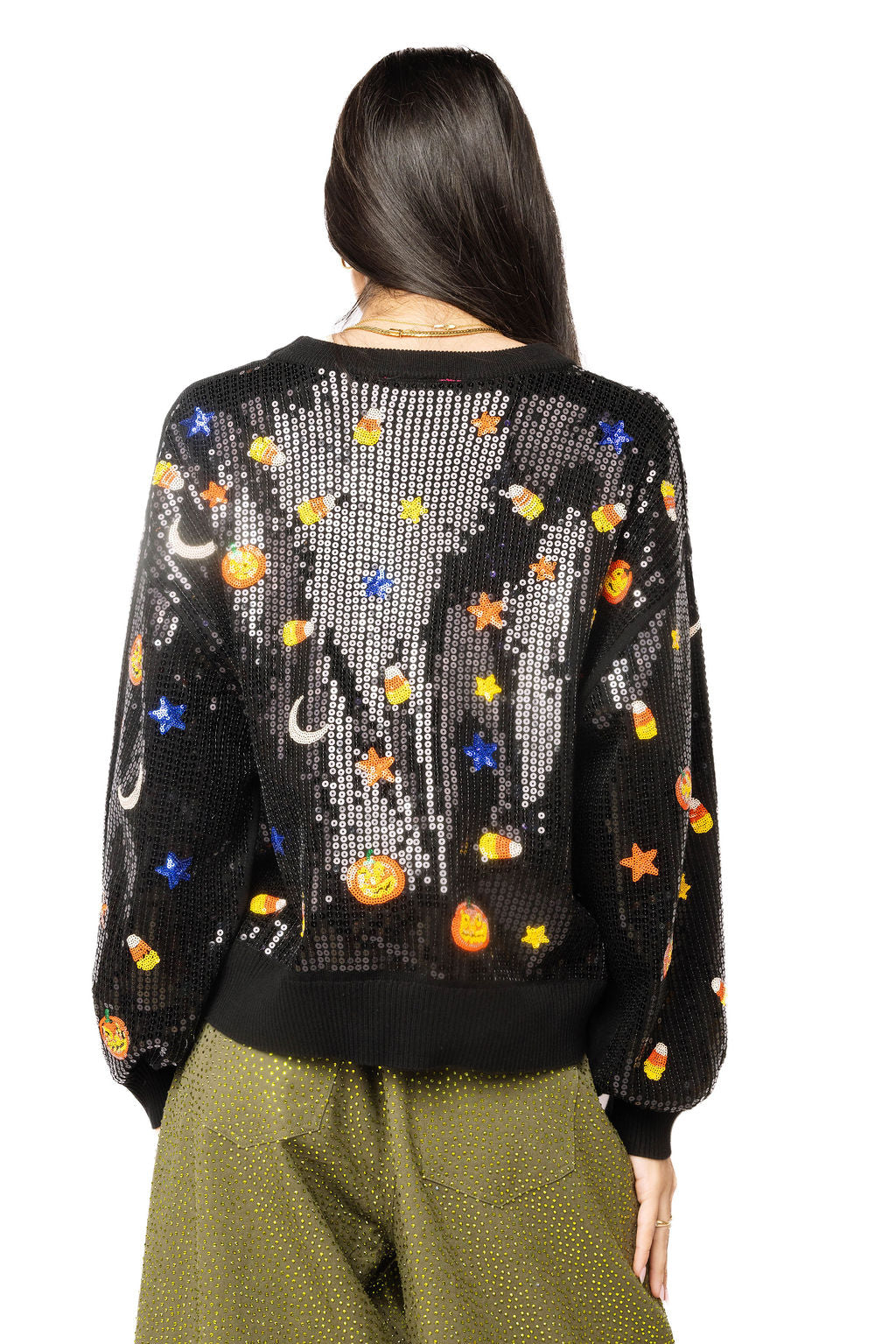 Queen Of Sparkles Black Full Sequin Pumpkin & Mini Icon Sweater