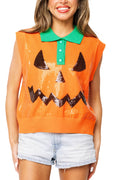 Queen of Sparkles Orange Full Sequin Pumpkin Face Vest