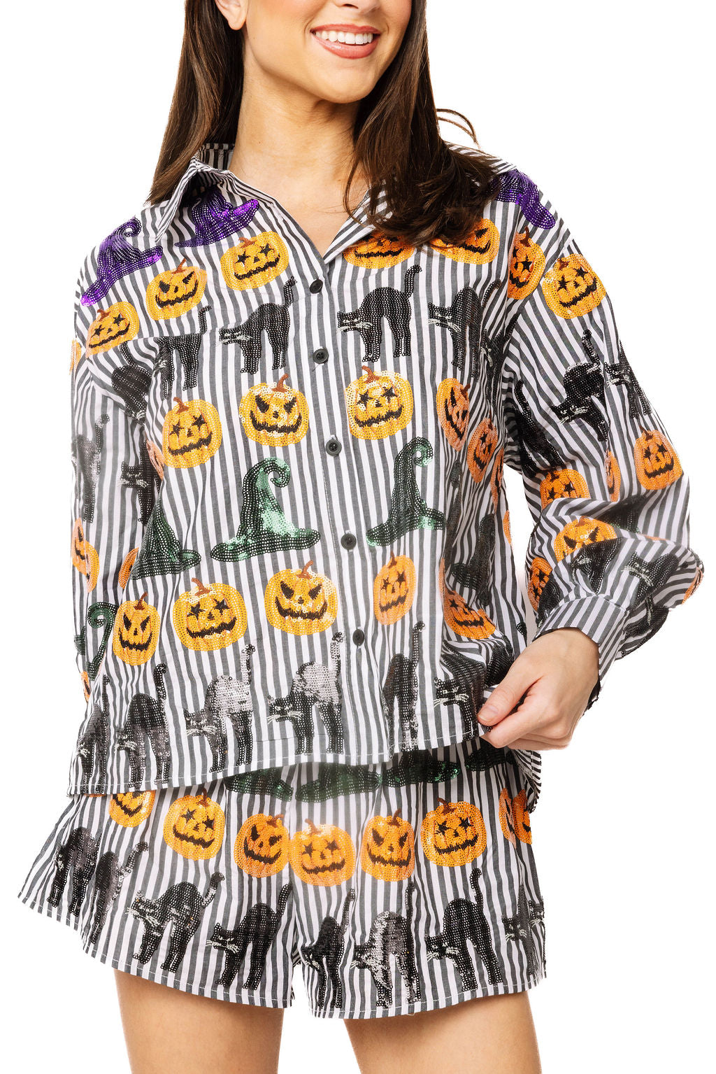 Queen of Sparkles Black & White Striped Witch Hat, Pumpkin & Cat Icon Button Up