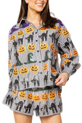 Queen of Sparkles Black & White Striped Witch Hat, Pumpkin & Cat Icon Button Up