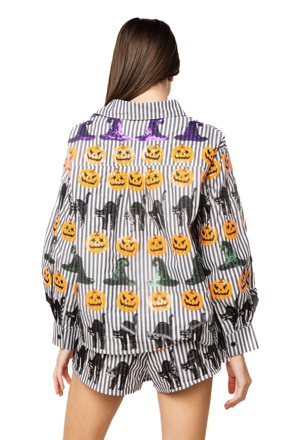 Queen of Sparkles Black & White Striped Witch Hat, Pumpkin & Cat Icon Button Up