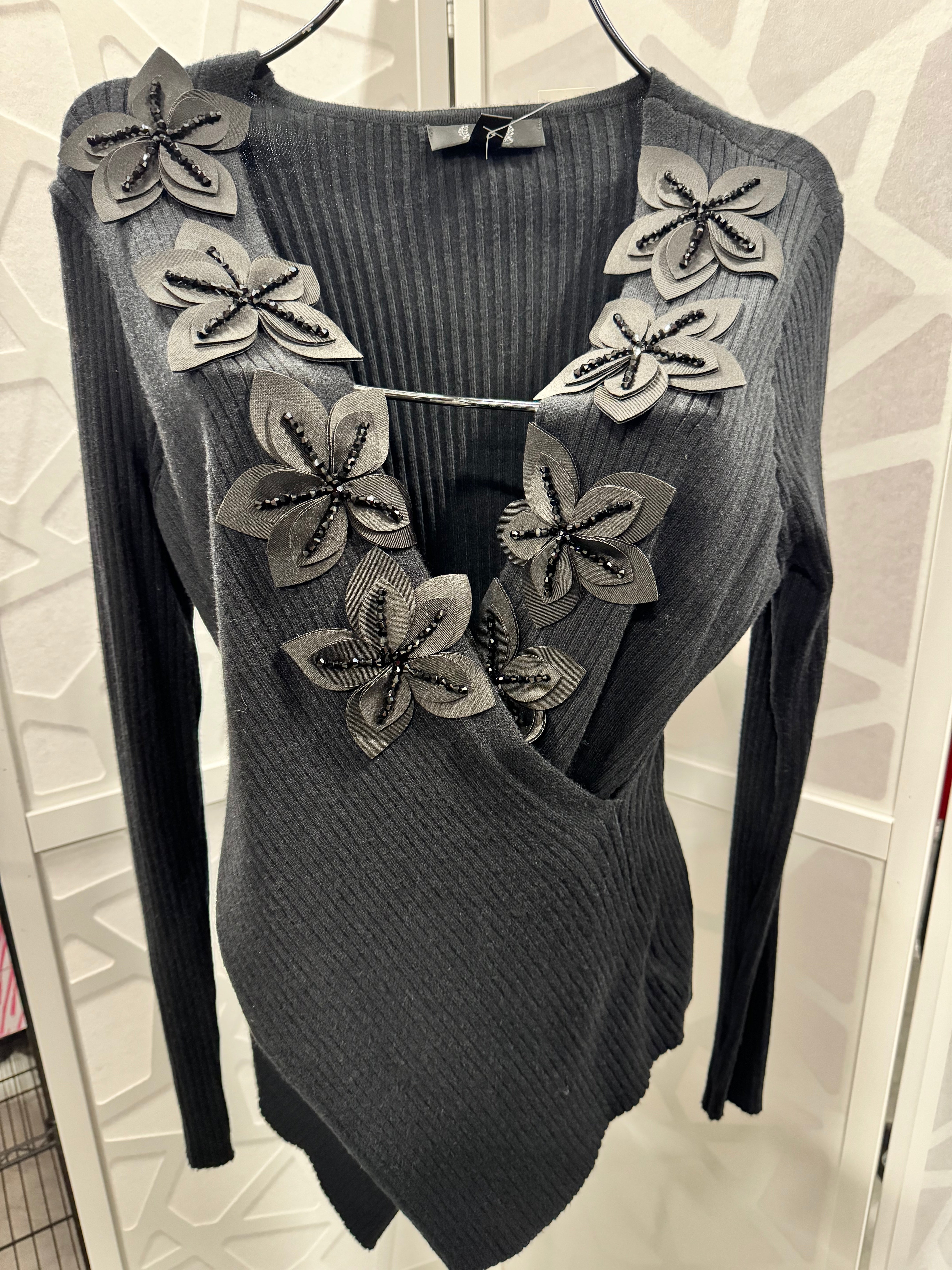 AZI - Fancy Black Wrap Sweater Blingy Flower Neckline – A Unique