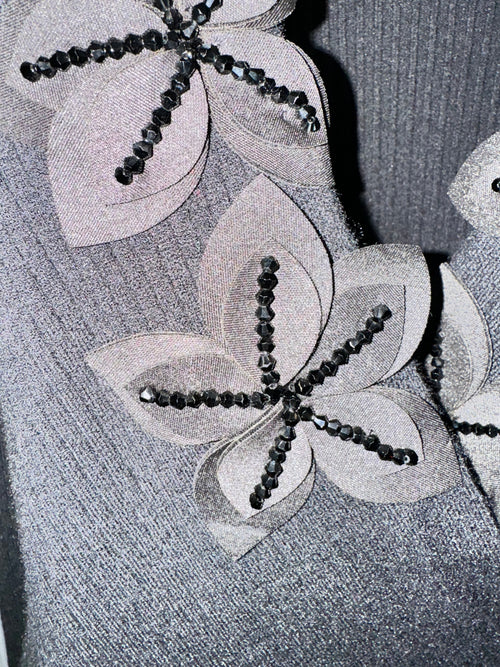 AZI - Fancy Black Wrap Sweater Blingy Flower Neckline