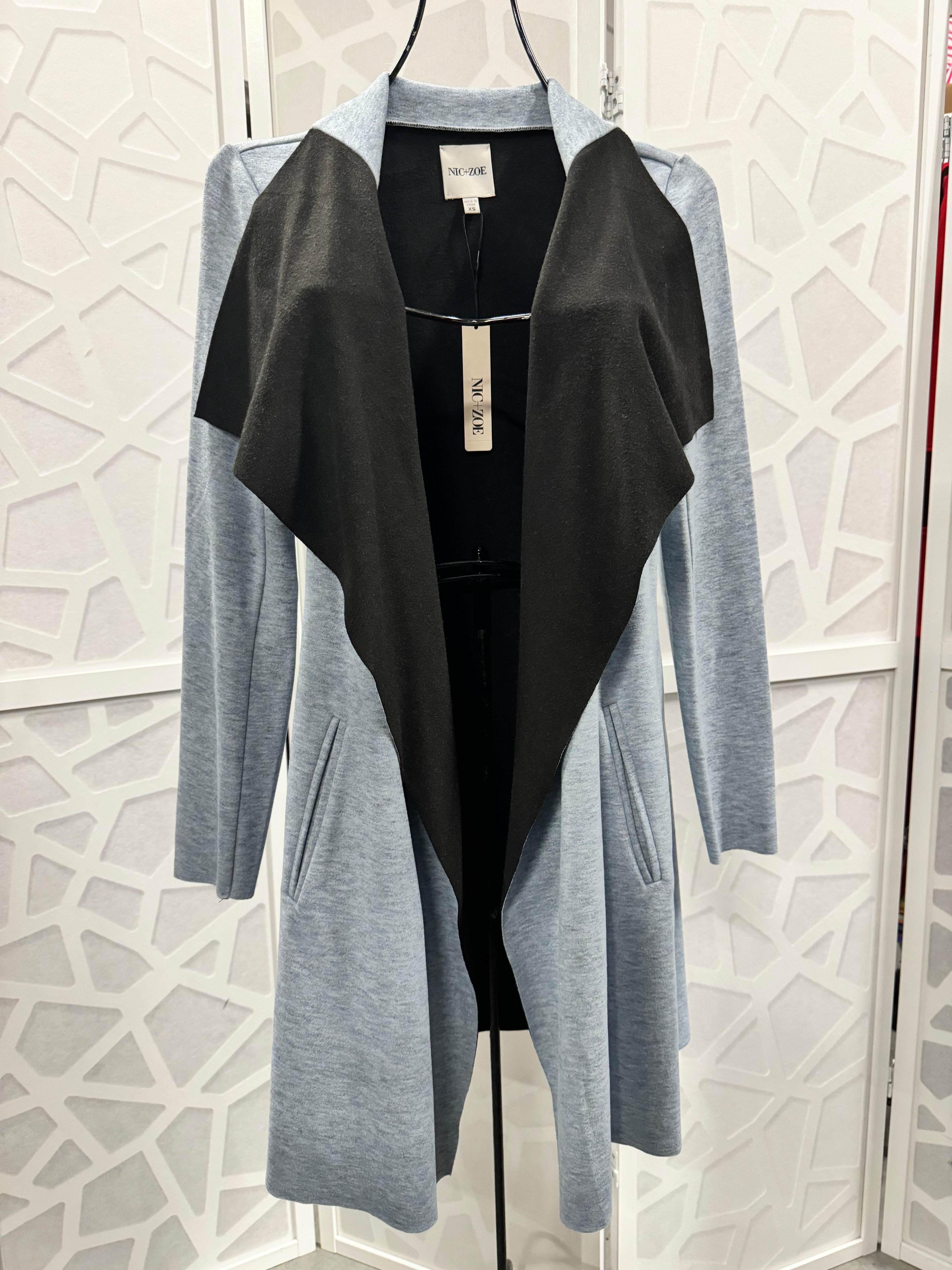 Nic + Zoe Ponte Knit Long Sleeve Pocketed Light Blue Draped Front Jacket