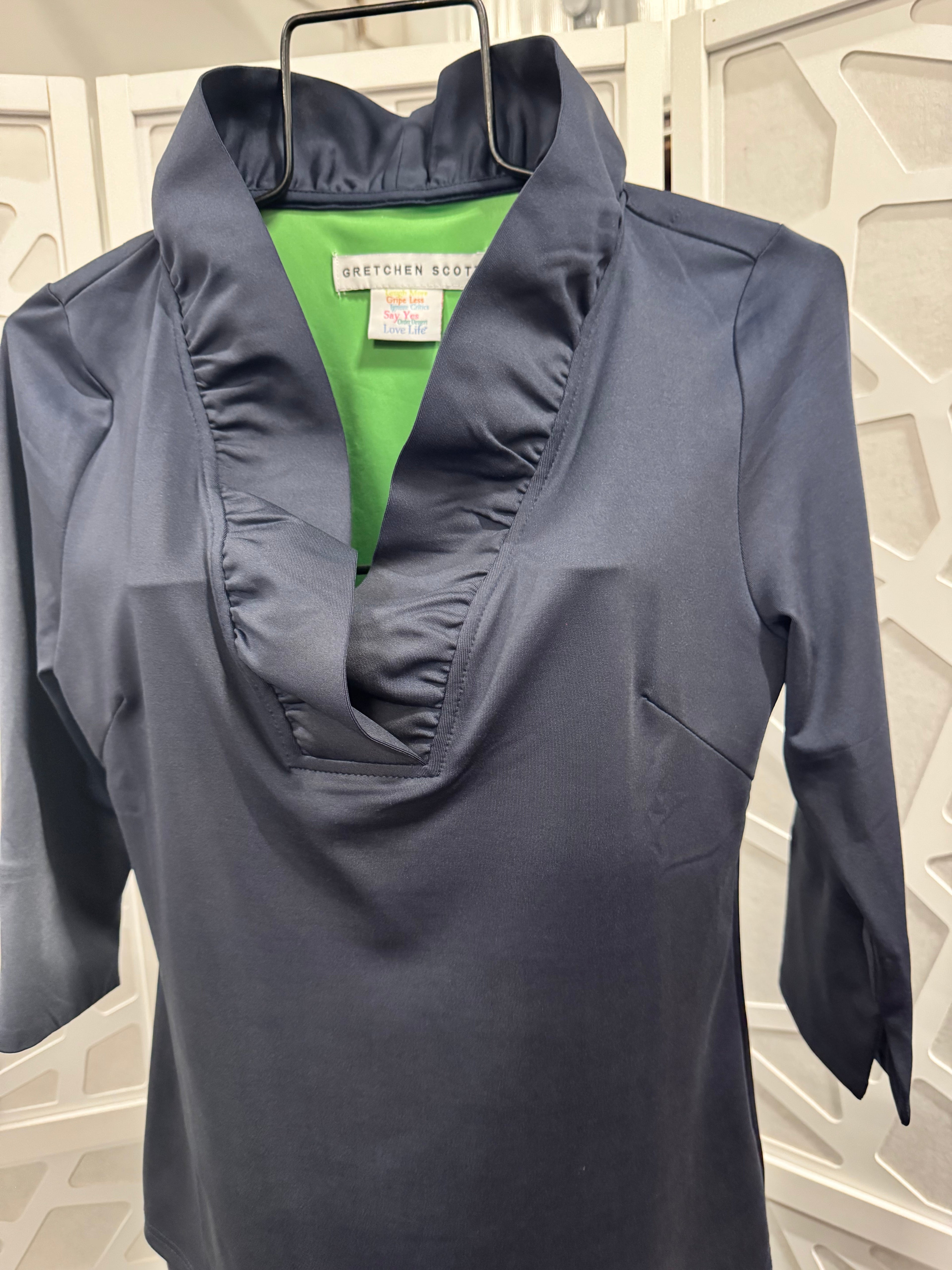 Gretchen Scott -Stand Up Ruffle Neck Top - Navy