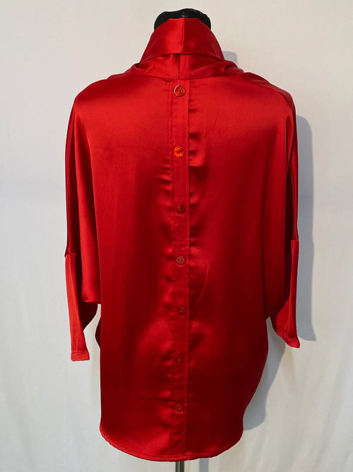 Boho Chic - Red Satin Turtleneck Blouse