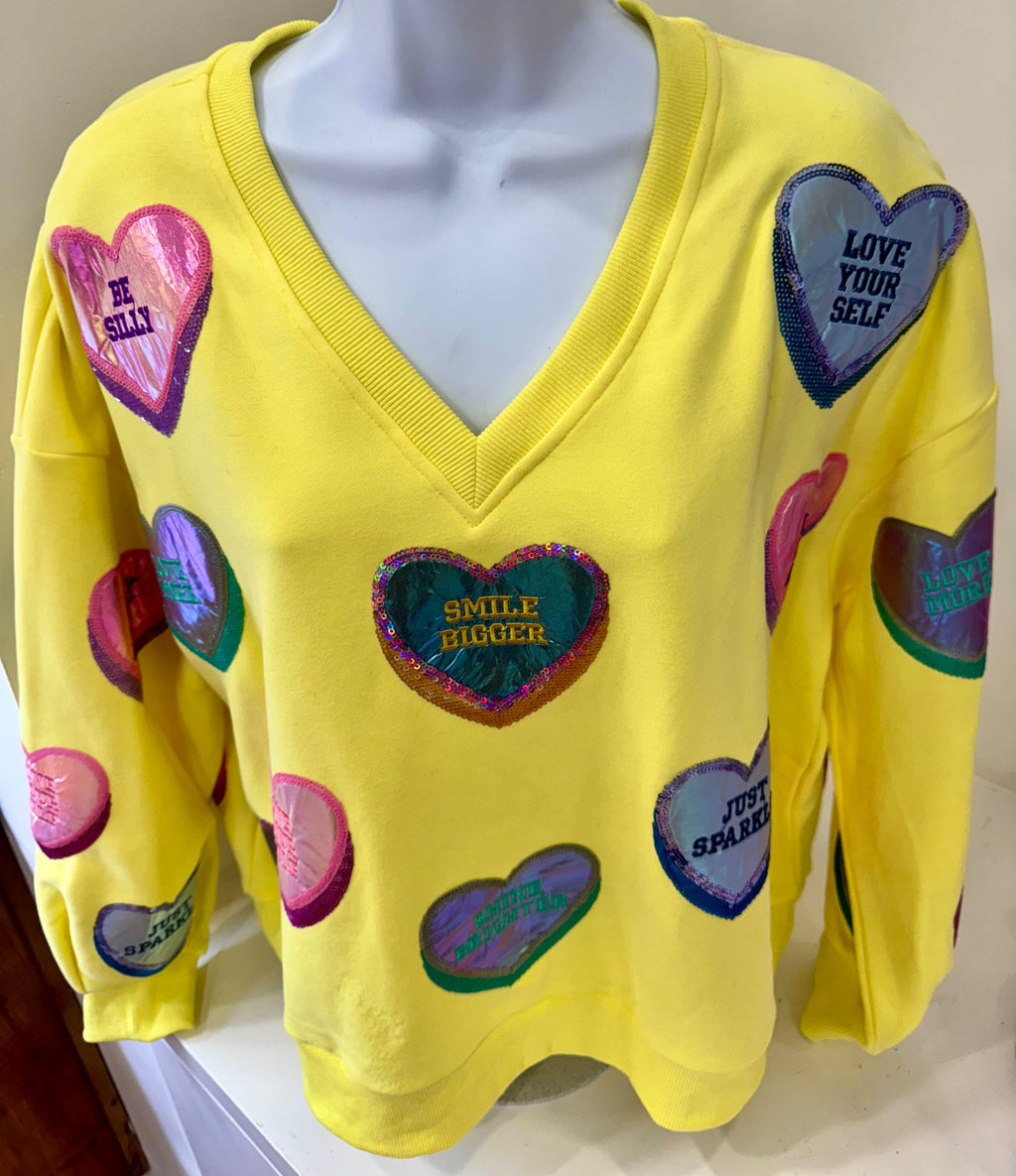 Queen of Sparkles-Yellow Candy Hearts V-neck Sweatshirt