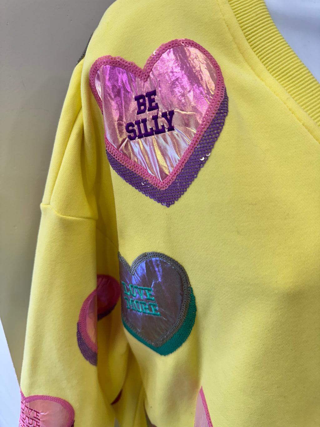 Queen of Sparkles-Yellow Candy Hearts V-neck Sweatshirt
