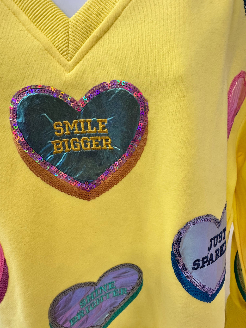 Queen of Sparkles-Yellow Candy Hearts V-neck Sweatshirt