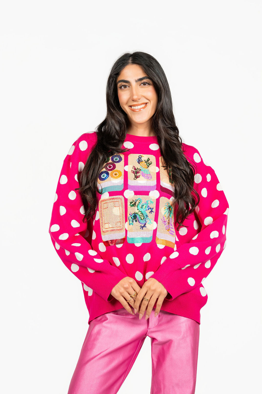 Queen of Sparkles Hot Pink & White Polka Dot Mahjong Tile Sweater
