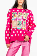Queen of Sparkles Hot Pink & White Polka Dot Mahjong Tile Sweater