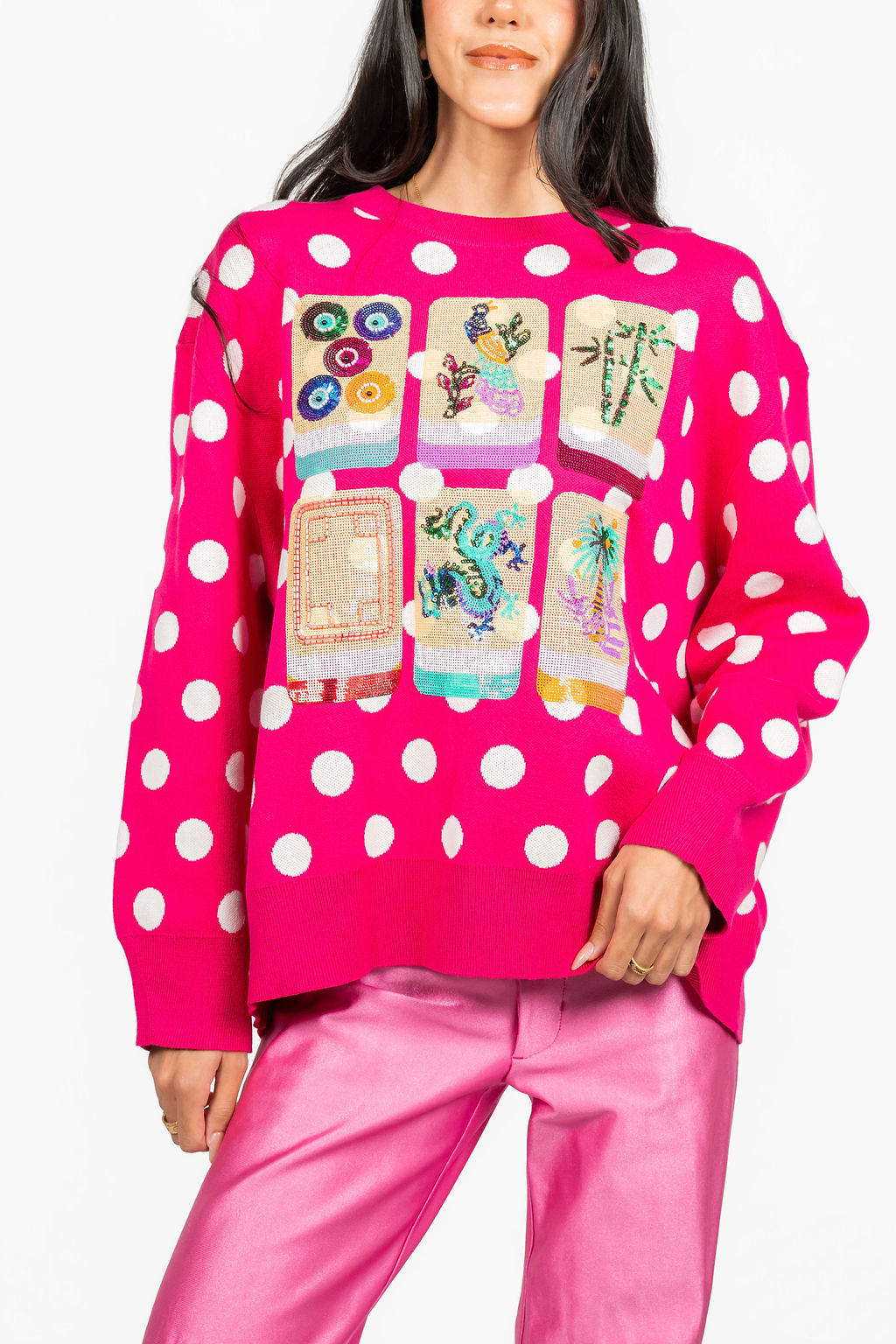 Queen of Sparkles Hot Pink & White Polka Dot Mahjong Tile Sweater