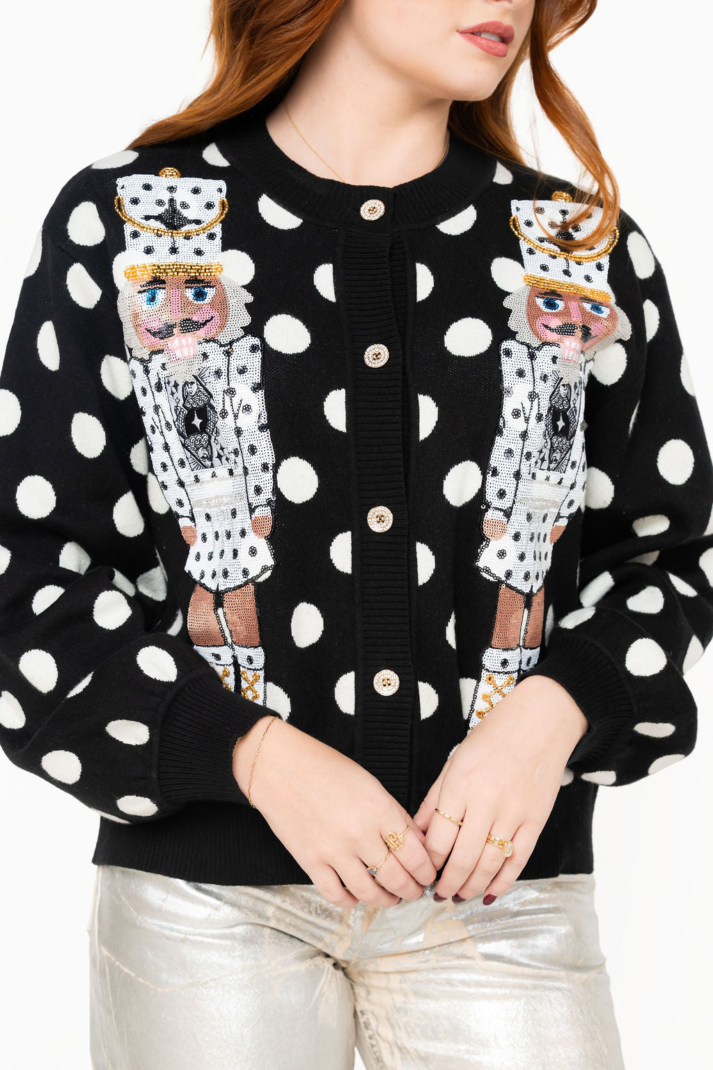 Queen of Sparkles Black & White Polka Dot Nutcracker Cardigan