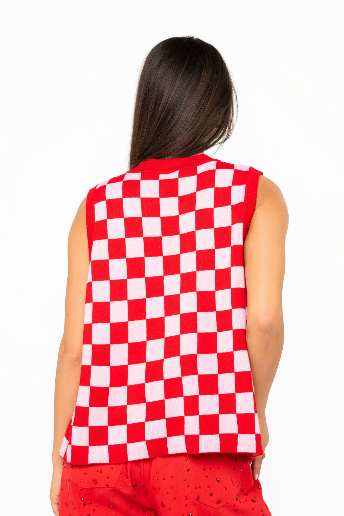 Queen of Sparkles Red & Pink Checkered Reindeer Knit Vest
