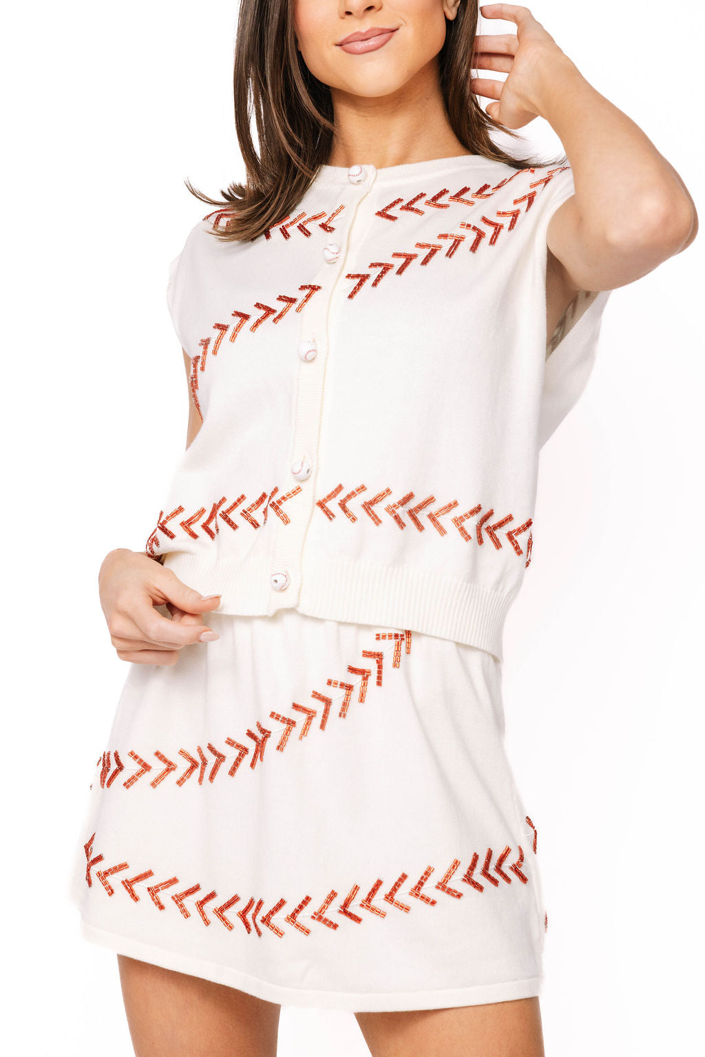 Queen of Sparkles-White Red Beaded Baseball Stitch Knit Vest