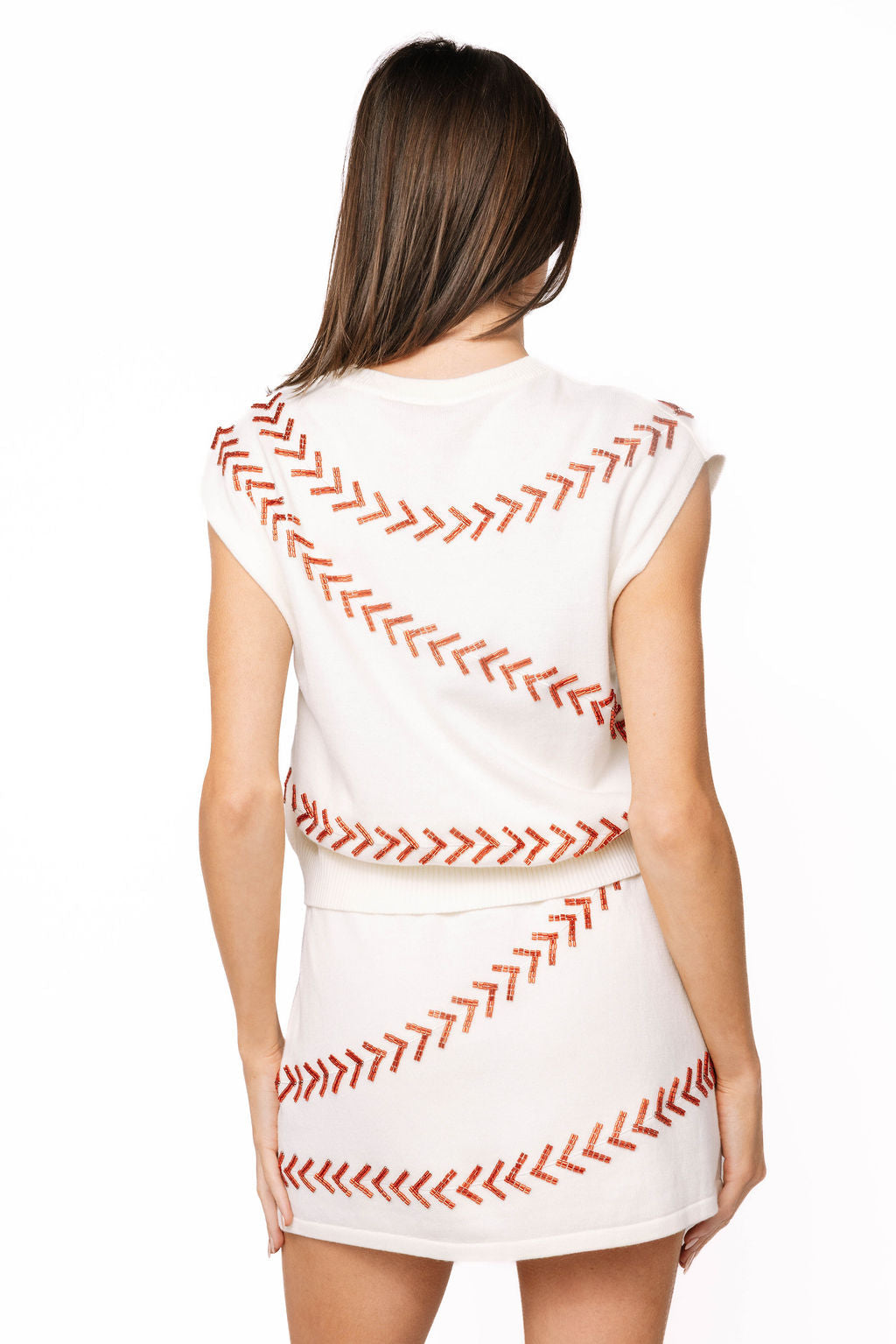 Queen of Sparkles-White Red Beaded Baseball Stitch Knit Skirt