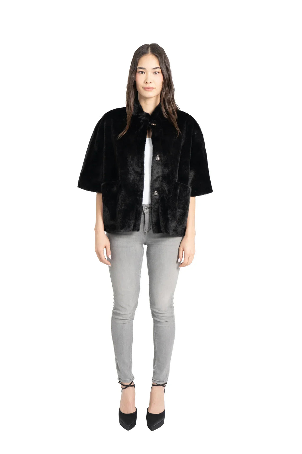 Love Token - Black Short Sleeve Faux Fur Jacket
