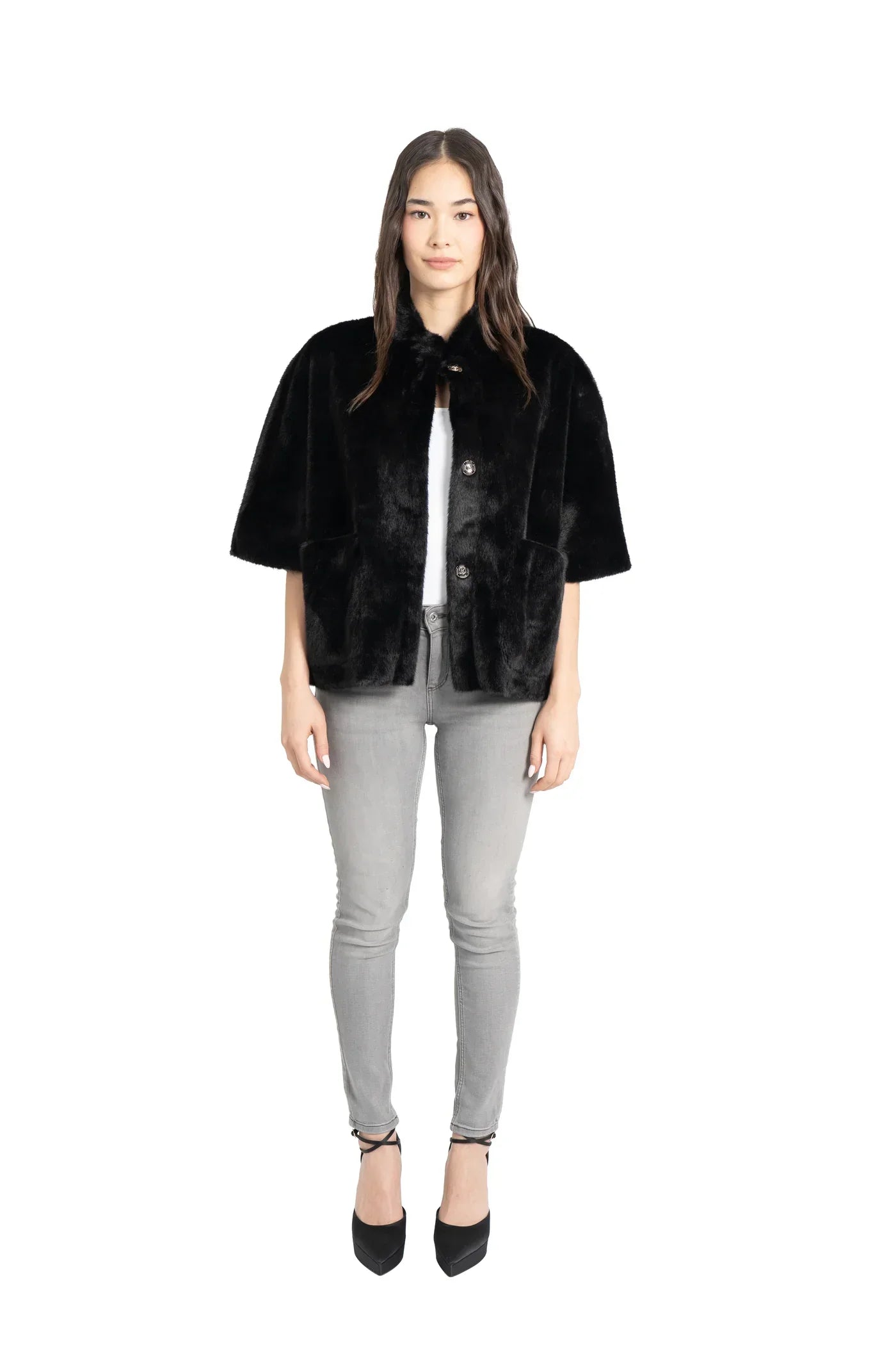 Love Token - Black Short Sleeve Faux Fur Jacket