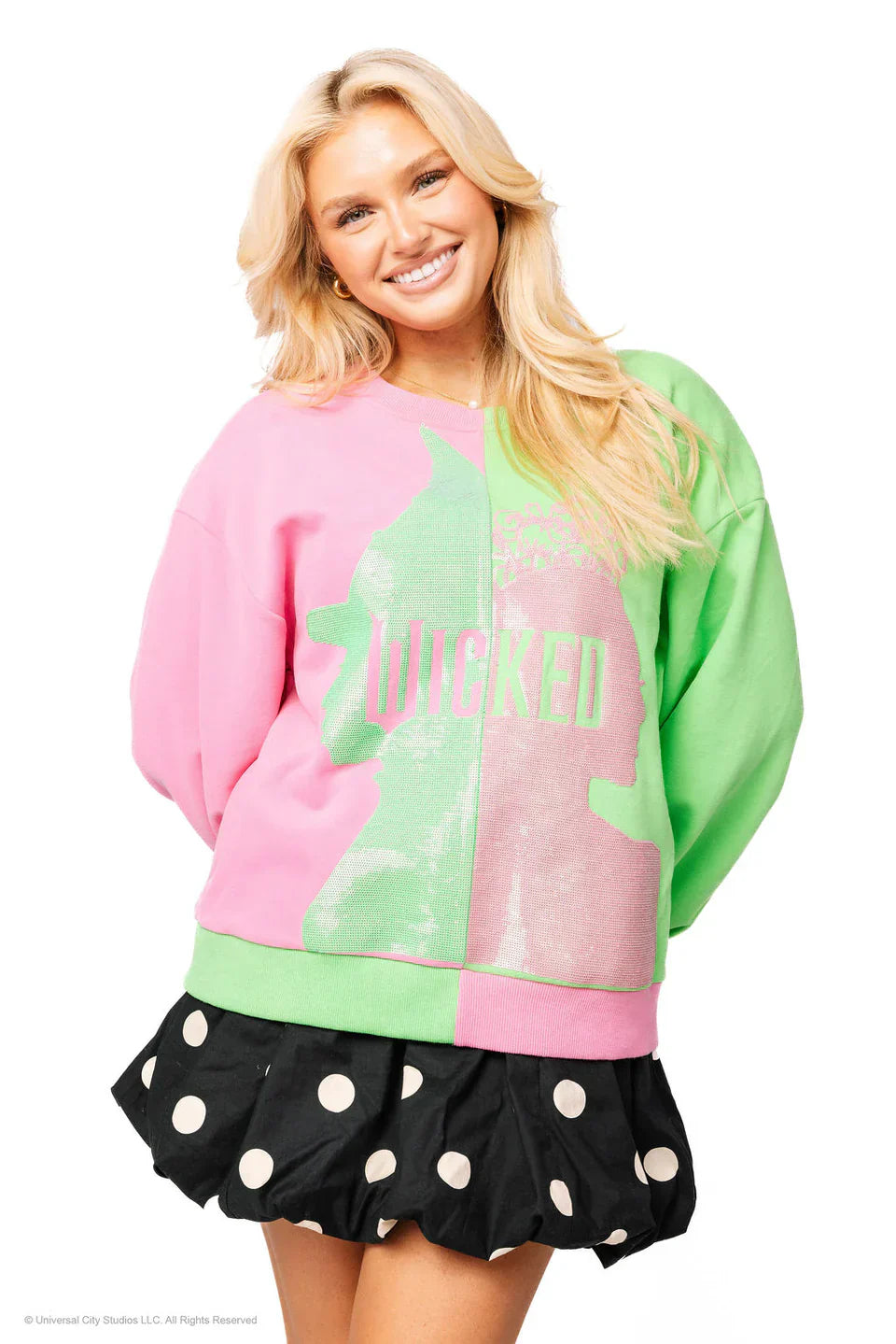 Queen of Sparkles-Green & Pink Colorblock Character Profile 'Wicked' Sweatshirt