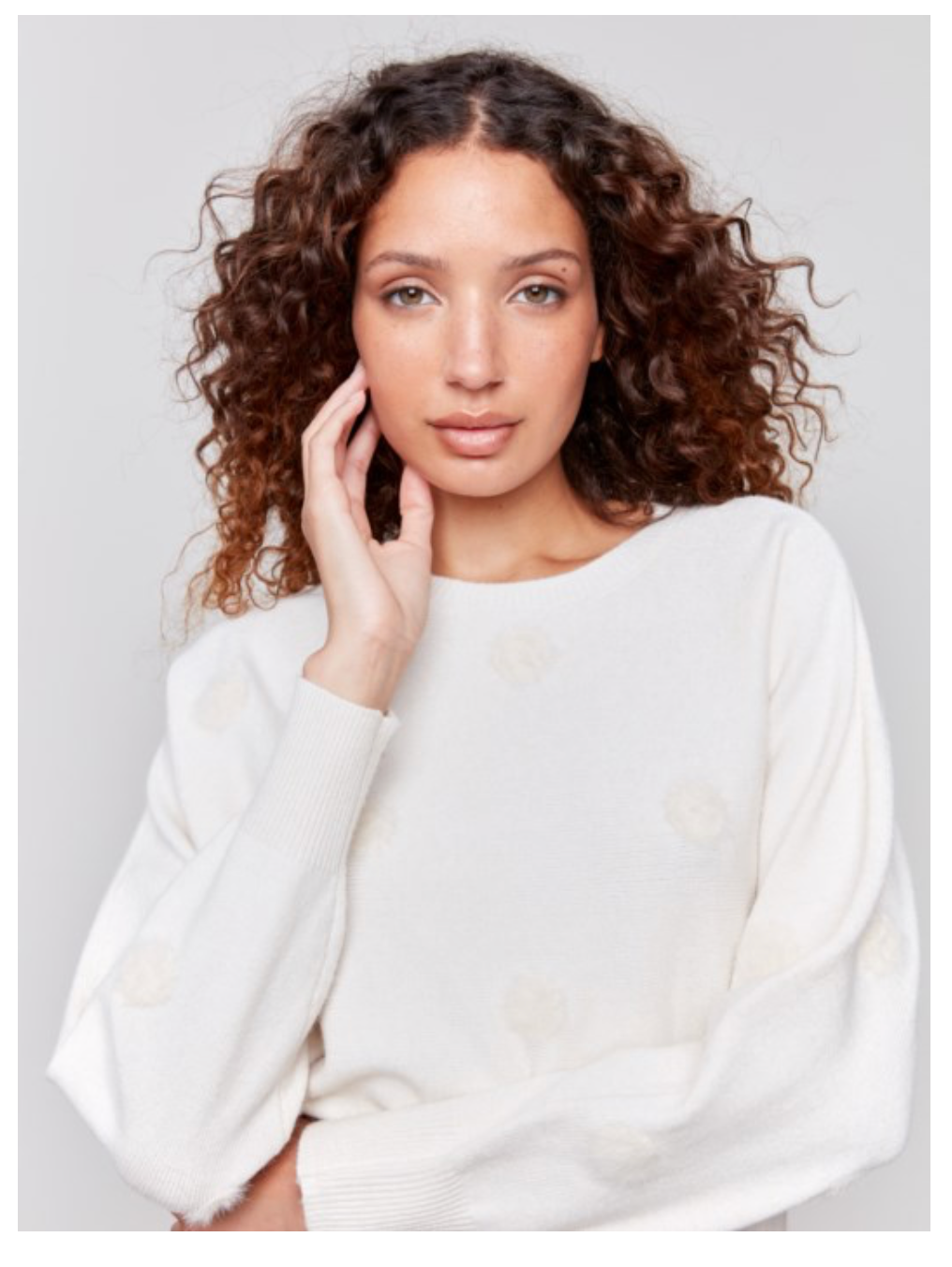 Charlie B - Cream Sweater with Faux Fur Pom Poms