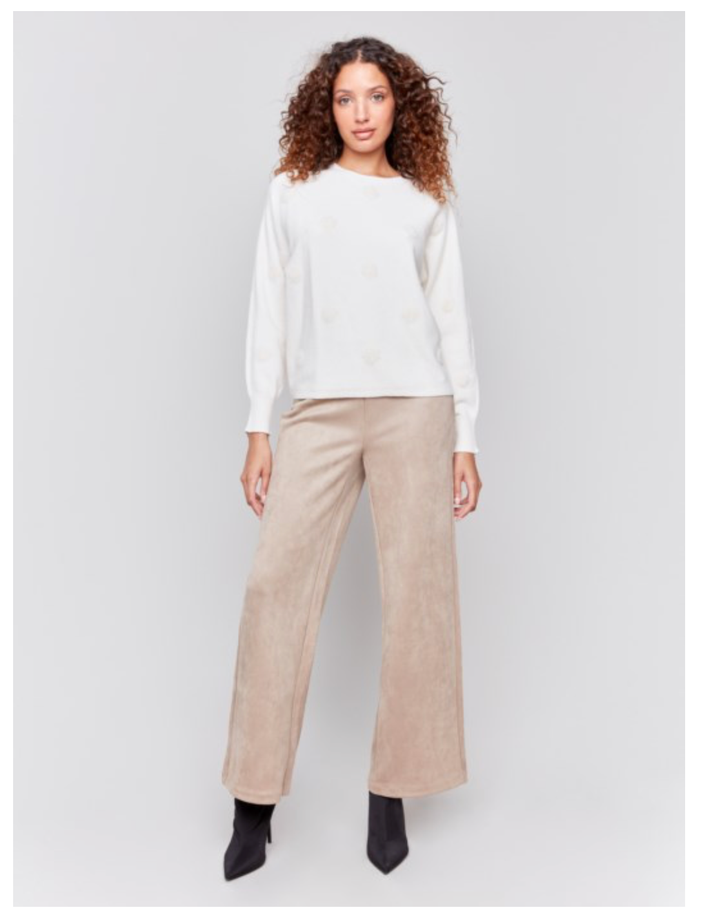 Charlie B - Cream Sweater with Faux Fur Pom Poms