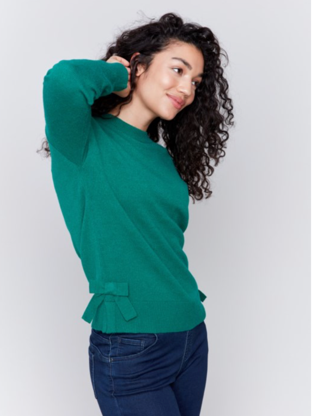 Charlie B - Green Crew Neck Sweater with Side Bows