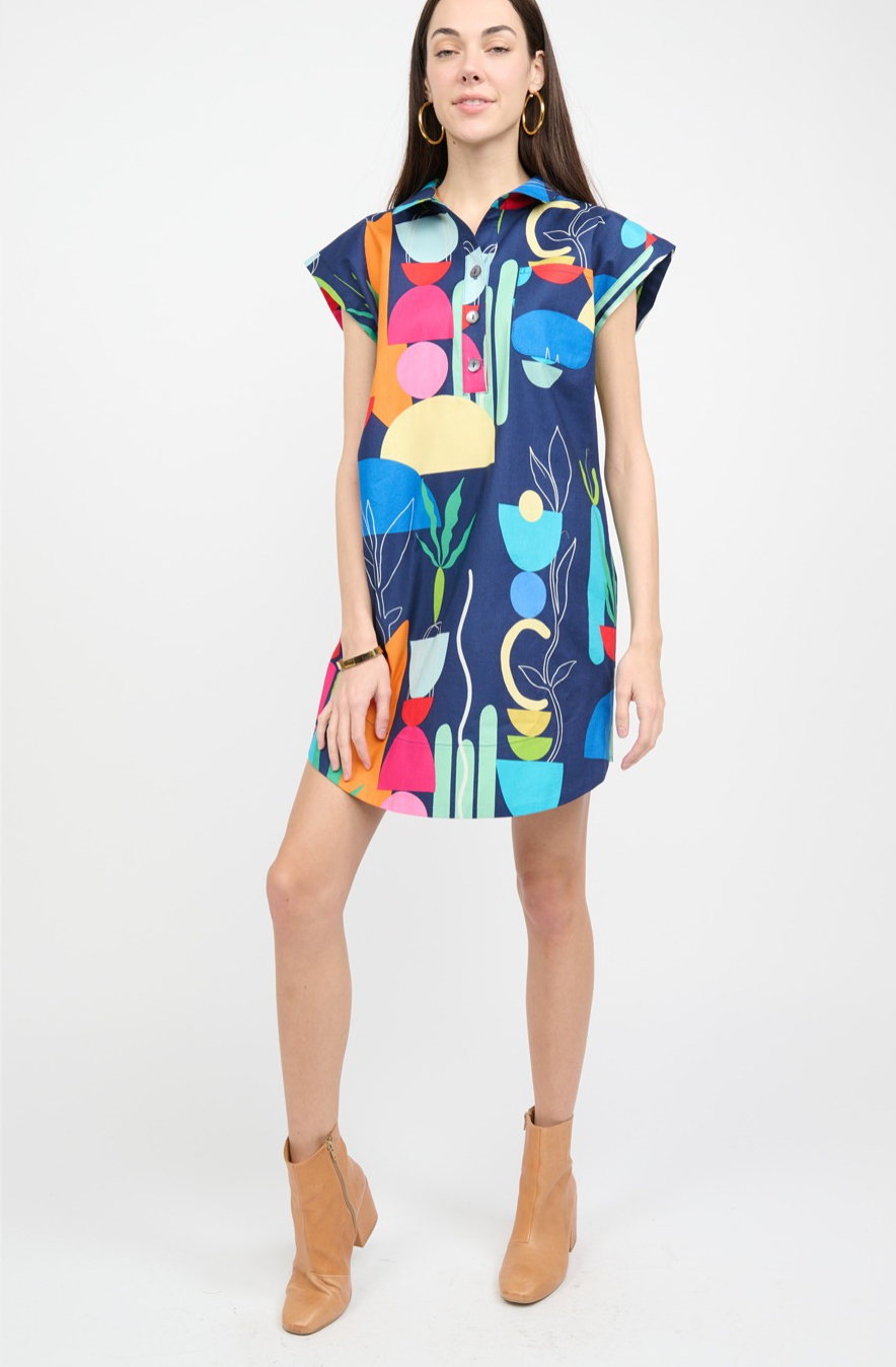Uncle Frank - Navy Multi Color Geo Print Shirt Dress