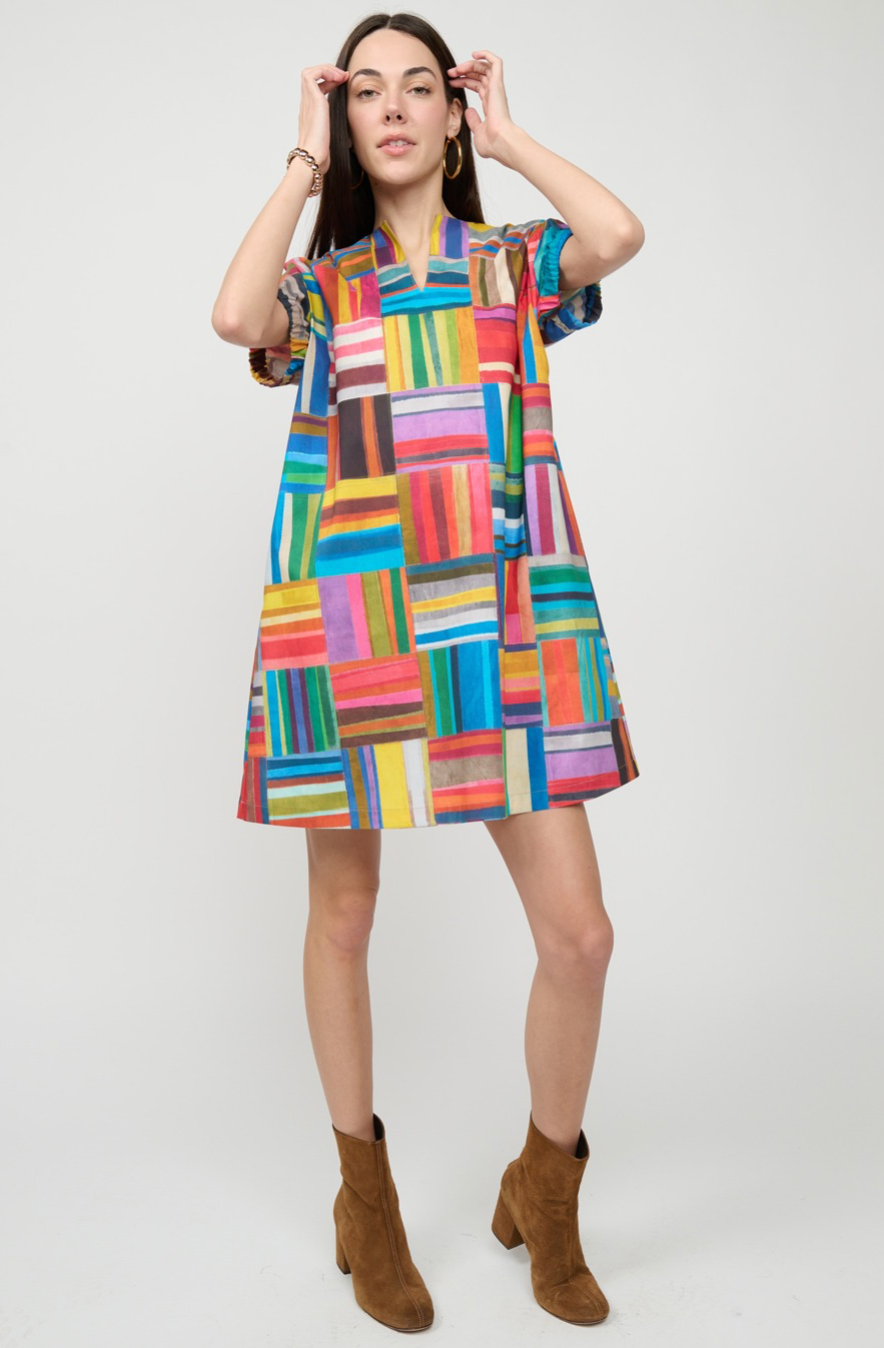 Uncle Frank - Multi Color Stripes and Squares Pattern Dress