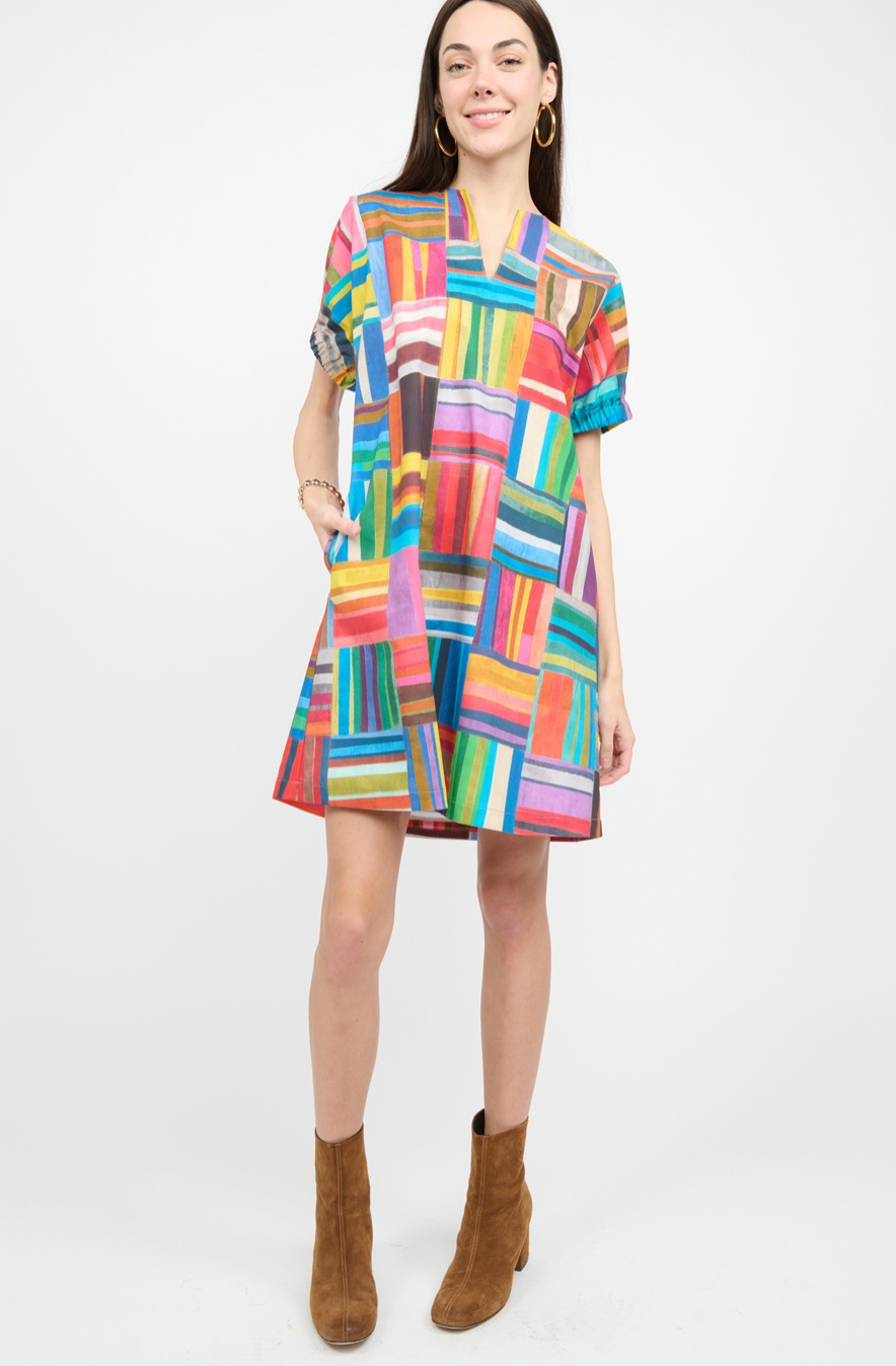 Uncle Frank - Multi Color Stripes and Squares Pattern Dress