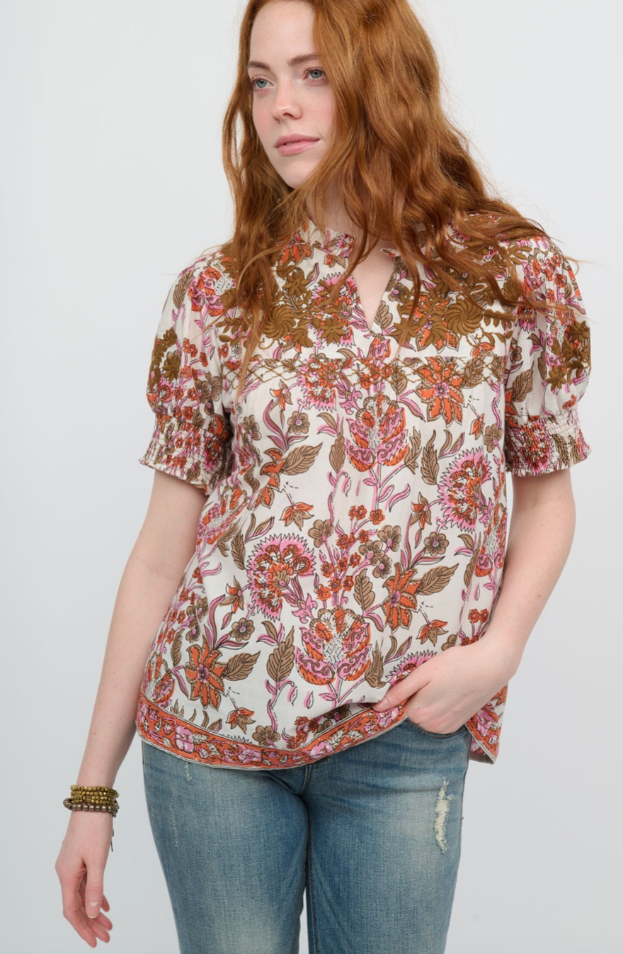 Sister Mary - Coral Border Short Sleeve Top with Embroidery