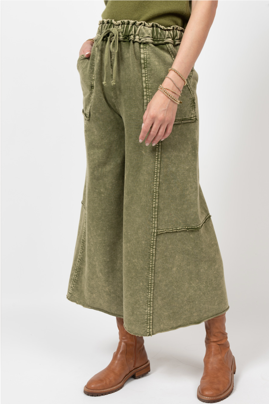 Ivy Jane - Olive Drawstring Denim Cargo Wide Leg Pant