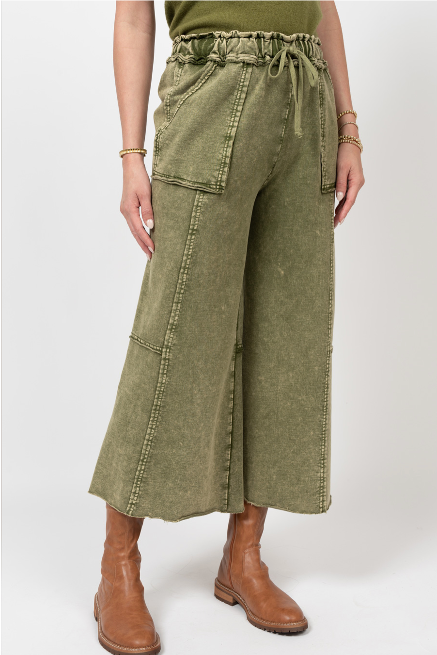 Ivy Jane - Olive Drawstring Denim Cargo Wide Leg Pant