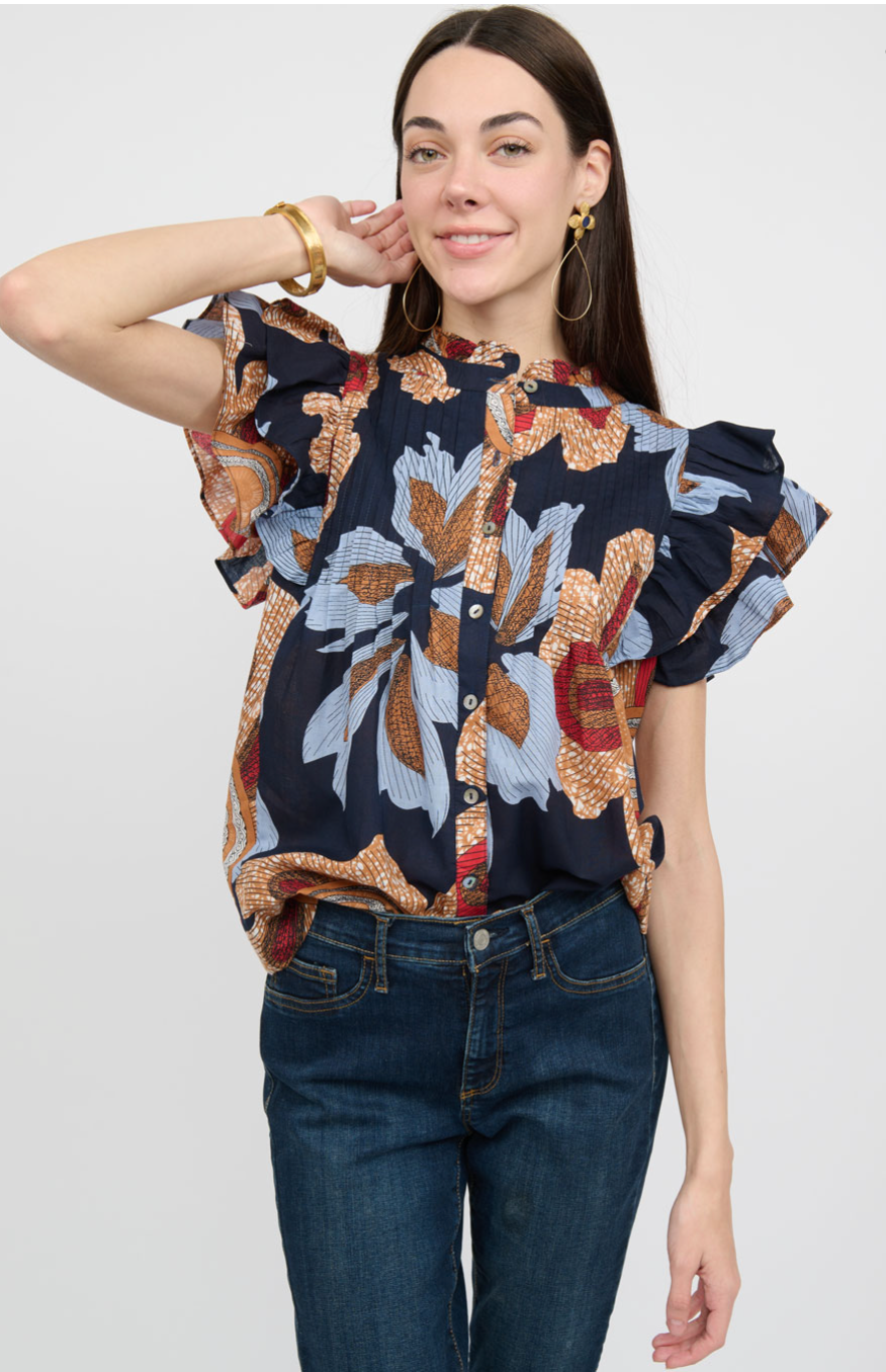 Ivy Jane - Blue Multi Ruffle Cap Sleeve Top