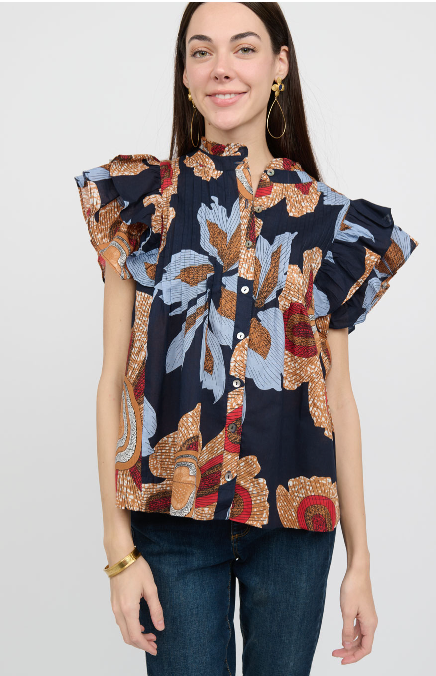 Ivy Jane - Blue Multi Ruffle Cap Sleeve Top