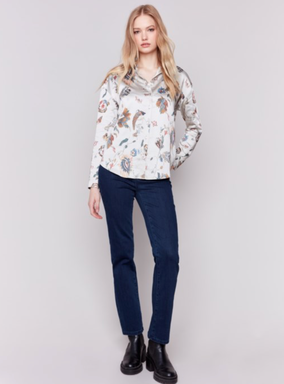 Charlie B - Printed Satin Button Up Top