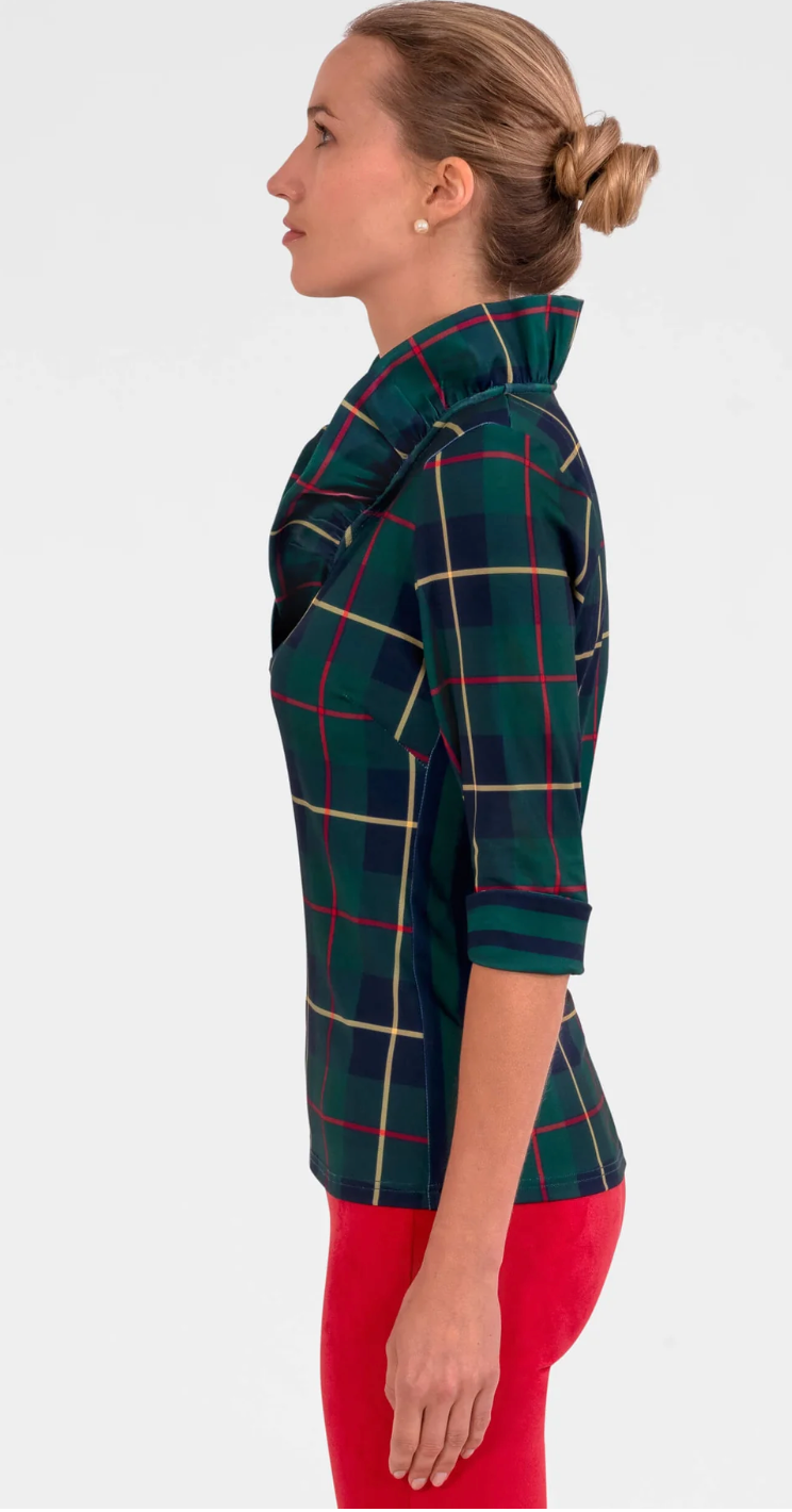 Gretchen Scott -Stand Up Ruffle Neck Top - Green Plaidly Cooper