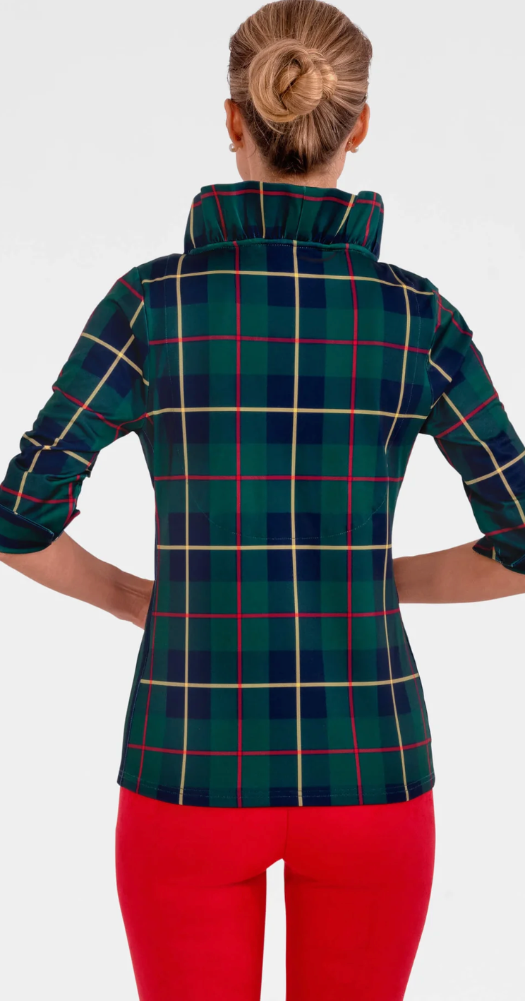 Gretchen Scott -Stand Up Ruffle Neck Top - Green Plaidly Cooper