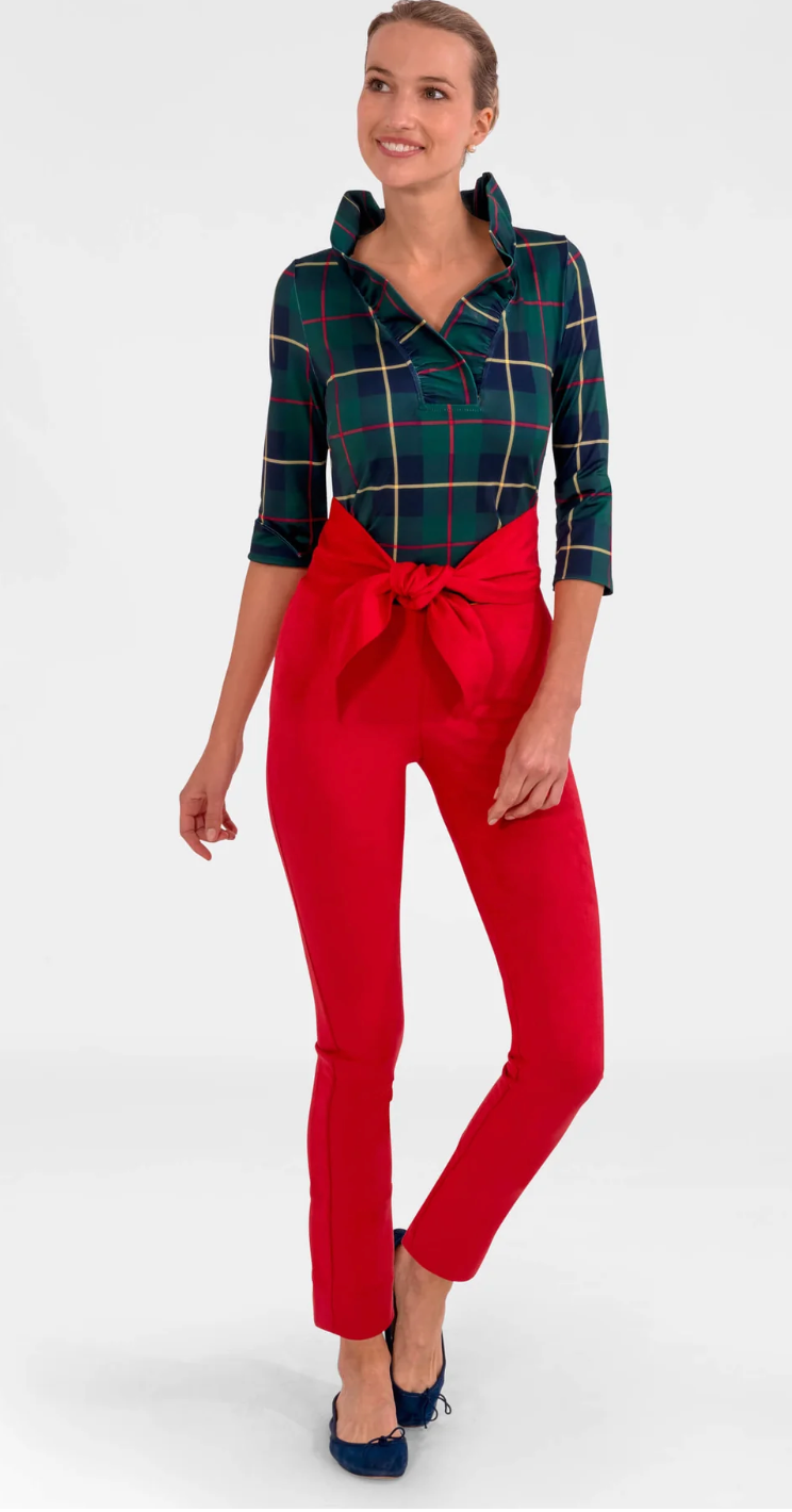 Gretchen Scott -Stand Up Ruffle Neck Top - Green Plaidly Cooper