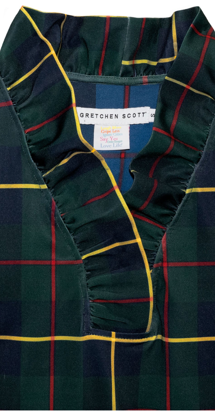 Gretchen Scott -Stand Up Ruffle Neck Top - Green Plaidly Cooper
