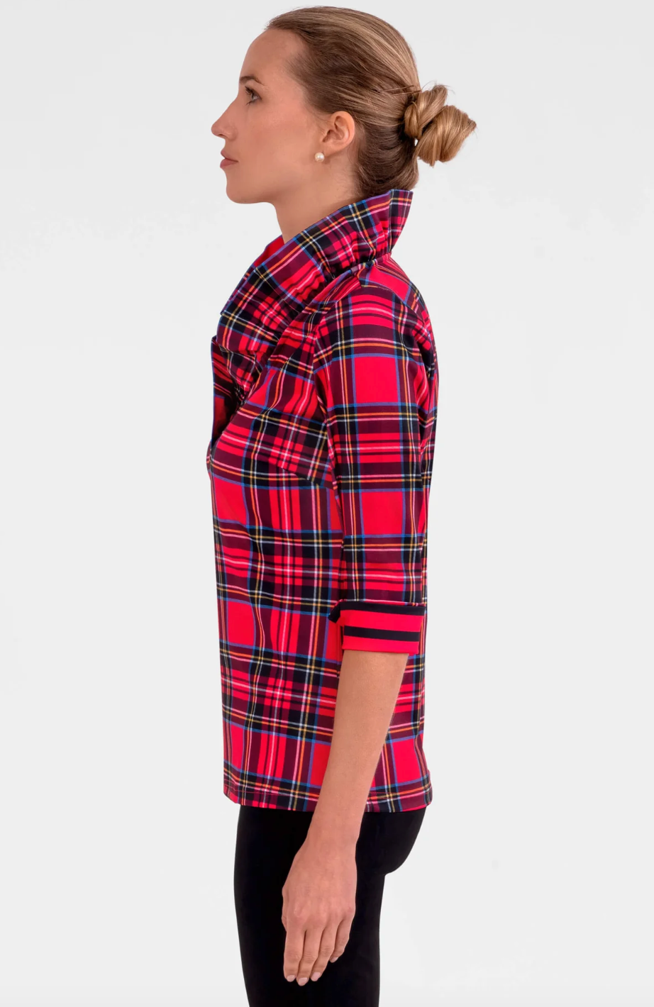 Gretchen Scott -Stand Up Ruffle Neck Top - Red Plaid