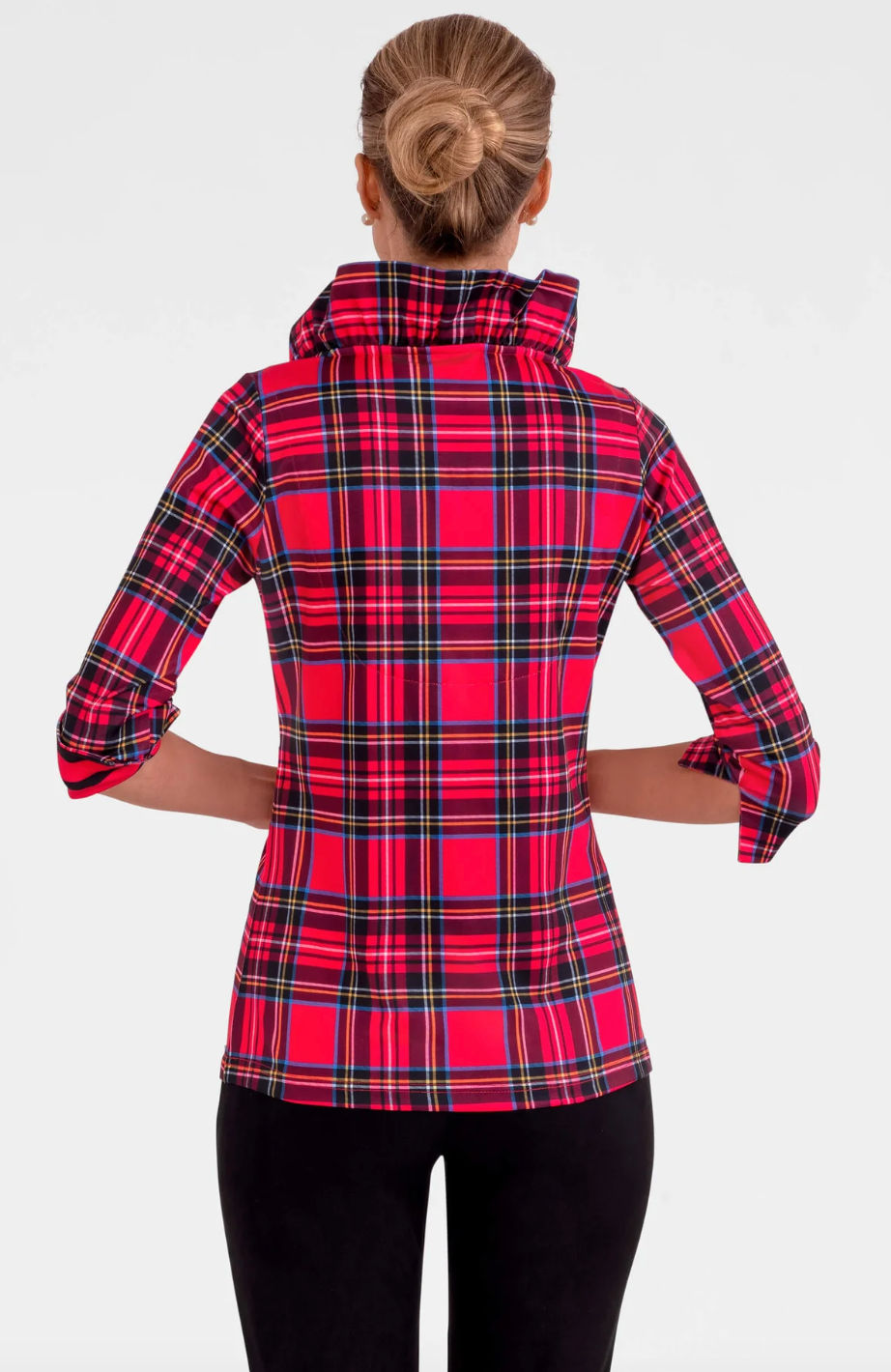 Gretchen Scott -Stand Up Ruffle Neck Top - Red Plaid