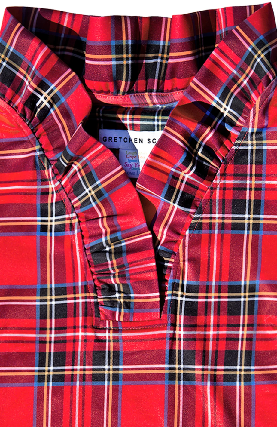 Gretchen Scott -Stand Up Ruffle Neck Top - Red Plaid