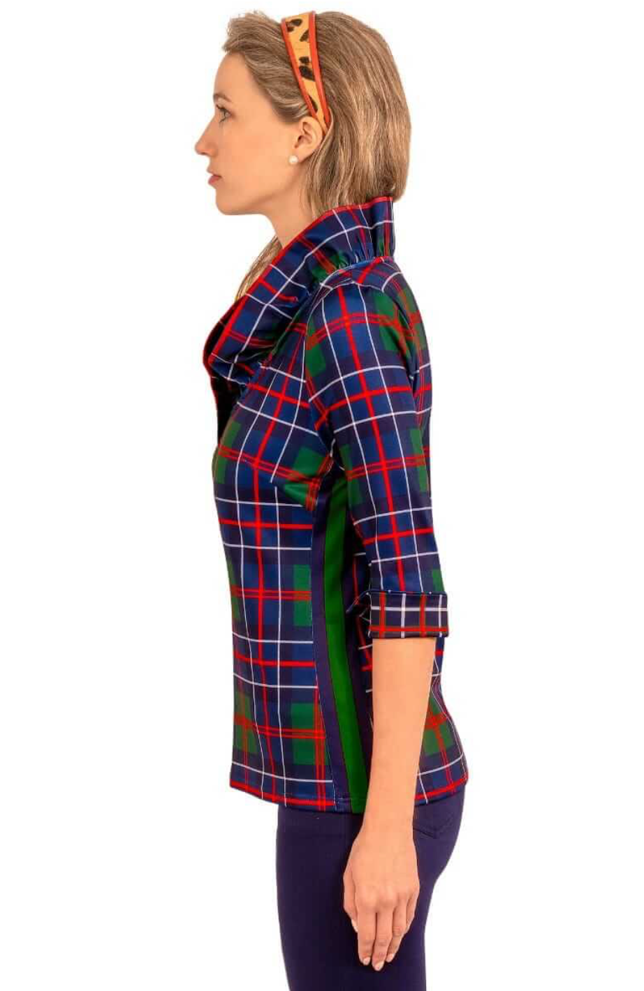 Gretchen Scott -Stand Up Ruffle Neck Top - Blue/Green Plaid