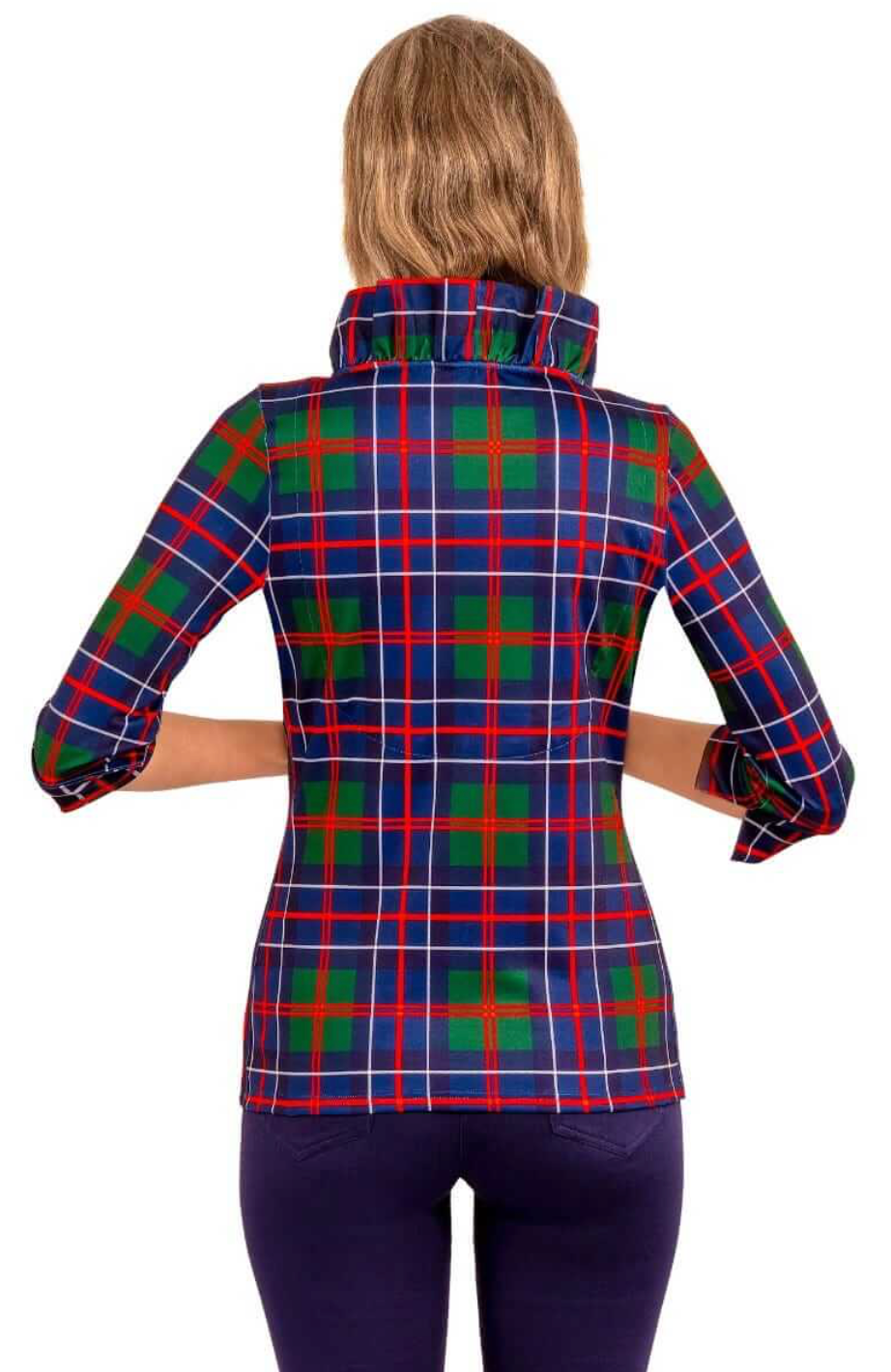 Gretchen Scott -Stand Up Ruffle Neck Top - Blue/Green Plaid