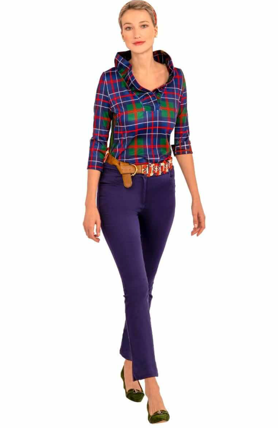 Gretchen Scott -Stand Up Ruffle Neck Top - Blue/Green Plaid