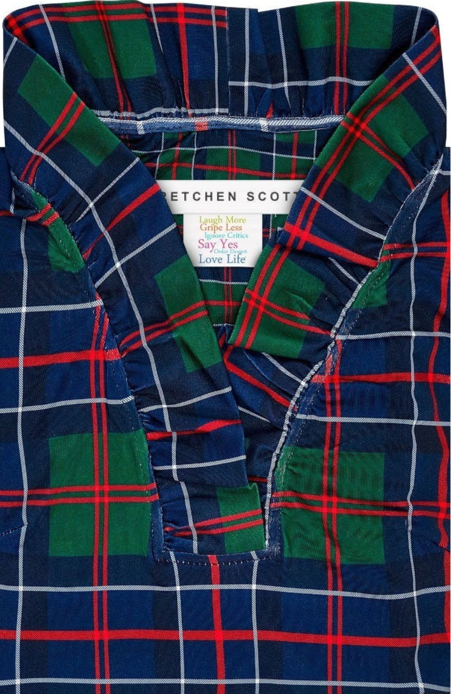 Gretchen Scott -Stand Up Ruffle Neck Top - Blue/Green Plaid